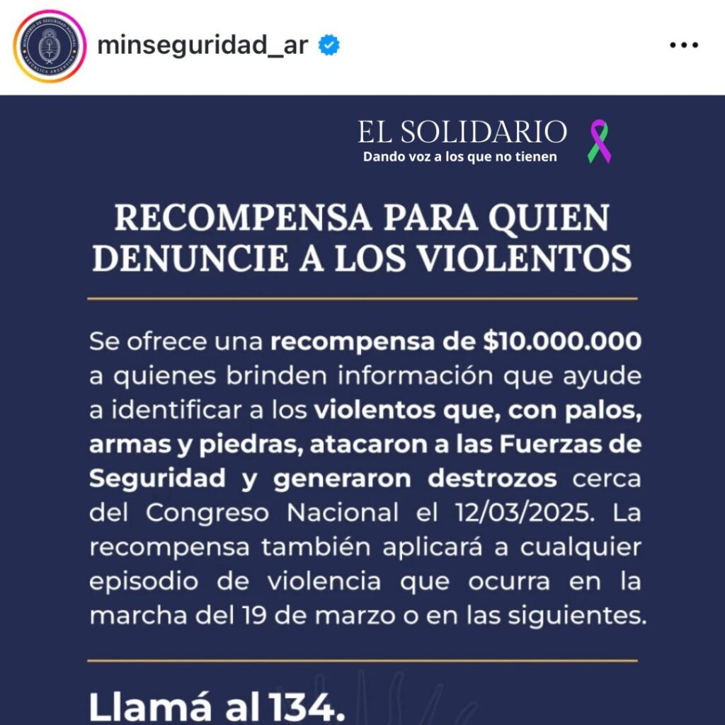 Captura de la cuenta de instragram del Ministerio de Seguridad de Argentina donde se exponen recompensas a quienes denuncien a los manifestantes. / EL Solidario