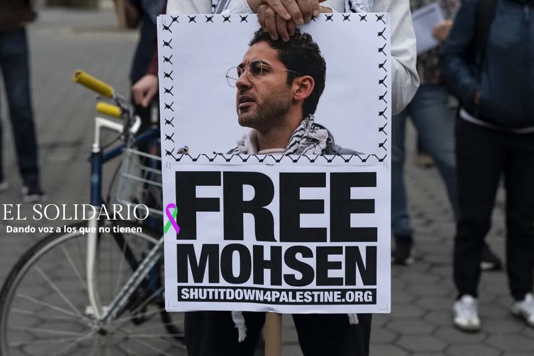 Personas en la ciudad de Nueva York protestan contra la detención del activista palestino y estudiante de la Universidad de Columbia, Mohsen Mahdawi / Toma Mostafa Bassim / El Solidario