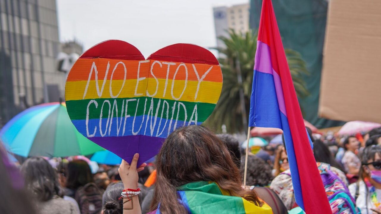 Vibrant LGBT pride gathering in Mexico City featuring rainbow flags and a heart-shaped placard.