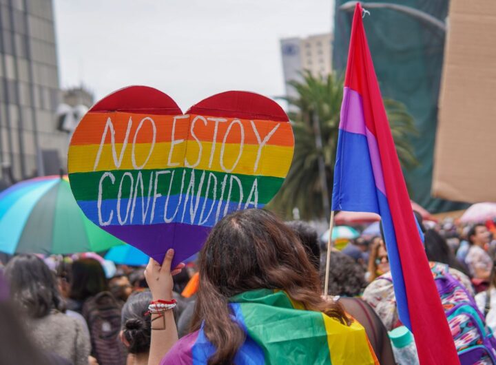 Vibrant LGBT pride gathering in Mexico City featuring rainbow flags and a heart-shaped placard.