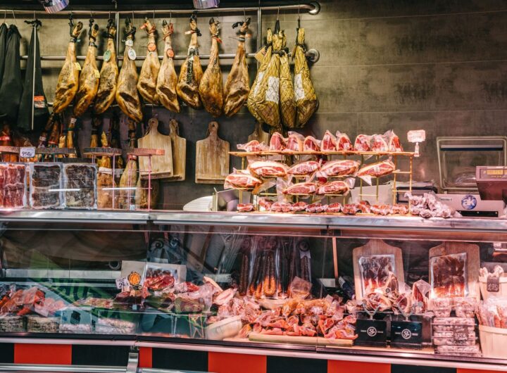 Traditional Spanish meats displayed in a butcher shop in Valencia, Spain.