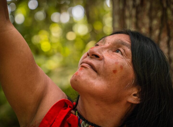Indigenous woman reaching up in a forest in San Martín, Peru.