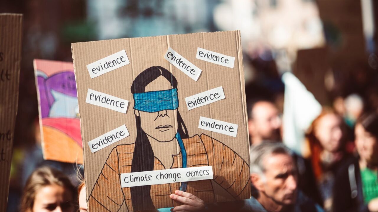 A vibrant protest scene with a focus on a creative sign about climate change denial.
