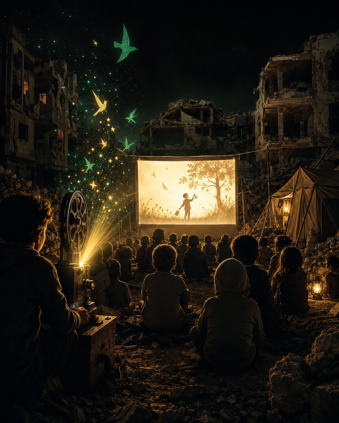 Gaza convierte una lona en cine para devolver a la infancia una noche sin guerra
