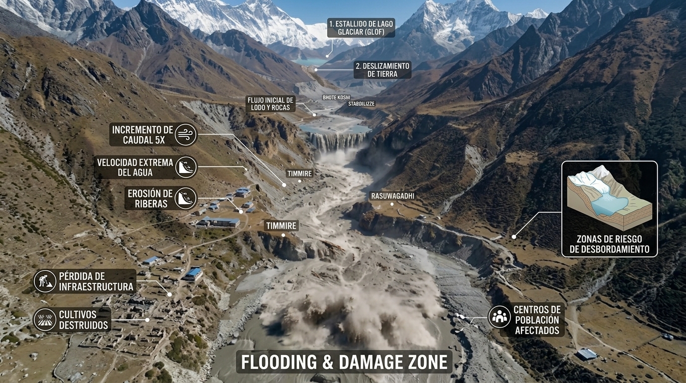 Un lago glaciar revienta en el Himalaya y se lleva por delante más de mil vidas, cuatro de ellas españolas