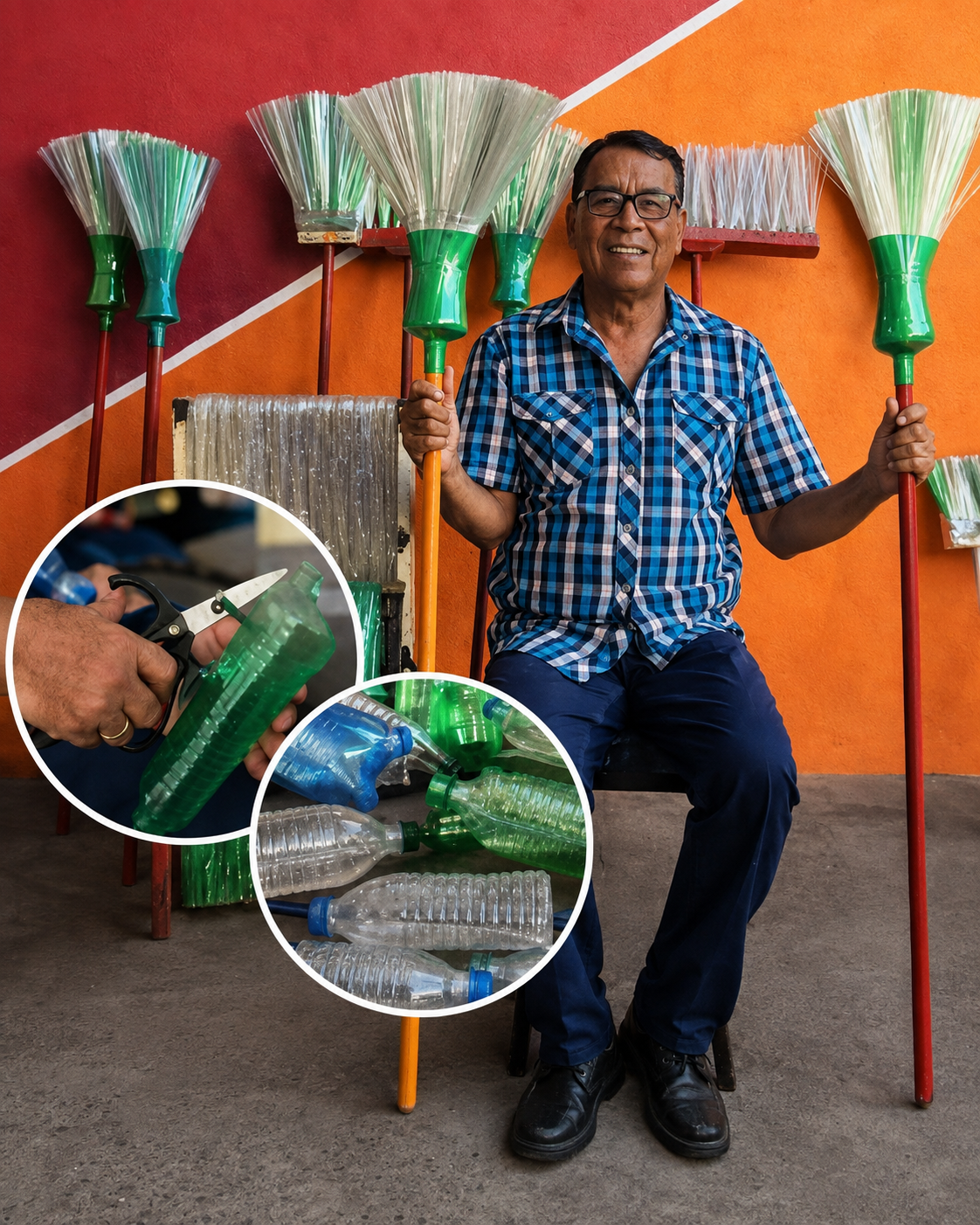 Roberto convirtió 30 botellas en una escoba: reciclar también puede sostener pequeñas economías