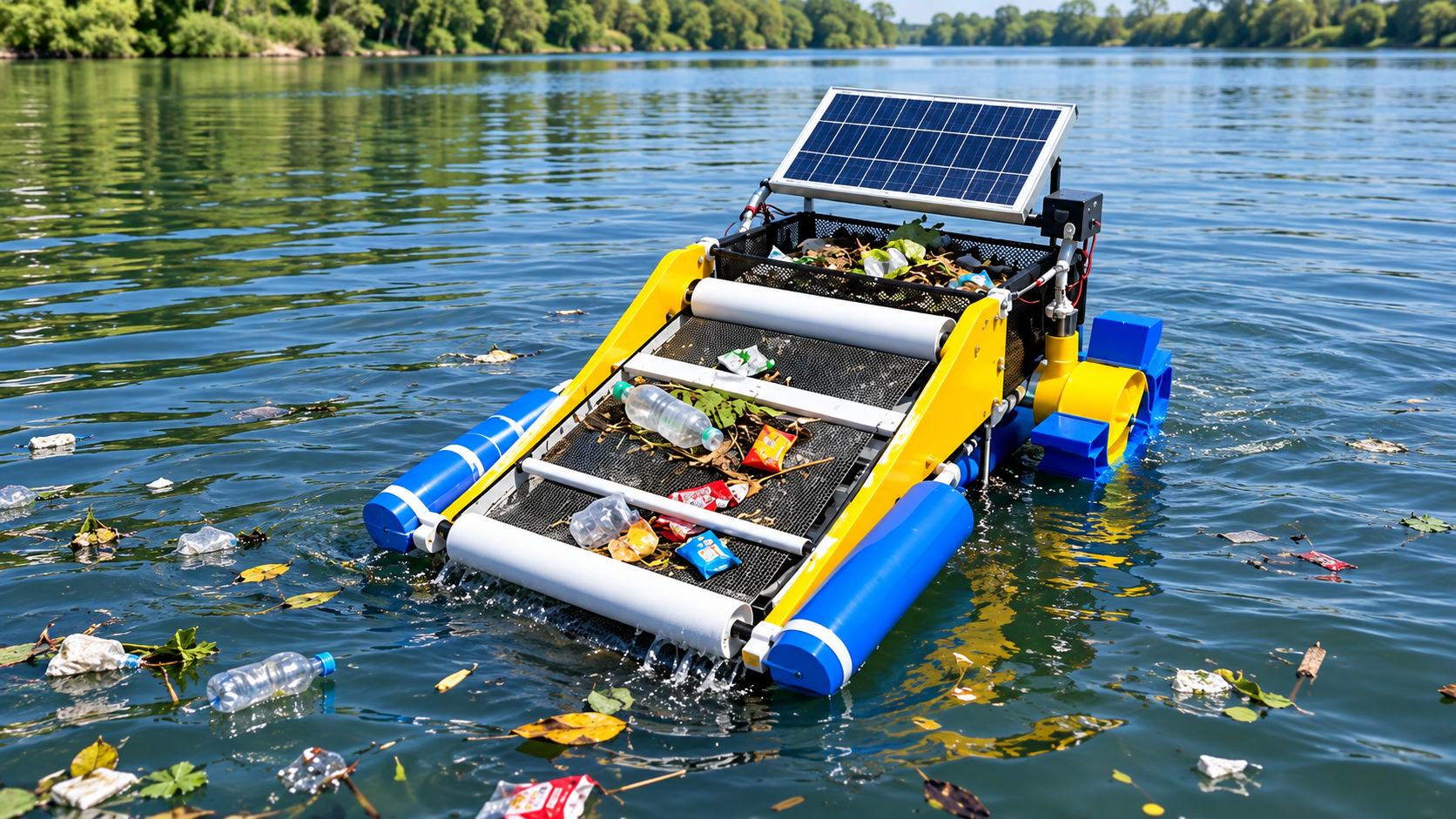 Una pequeña máquina recoge plástico del río antes de que llegue al mar